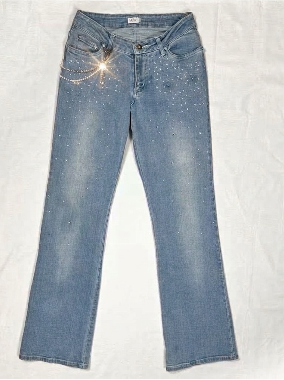VTG Y2K Cache Rhinestone Flared Jeans w/ Removable Chain Sz 4